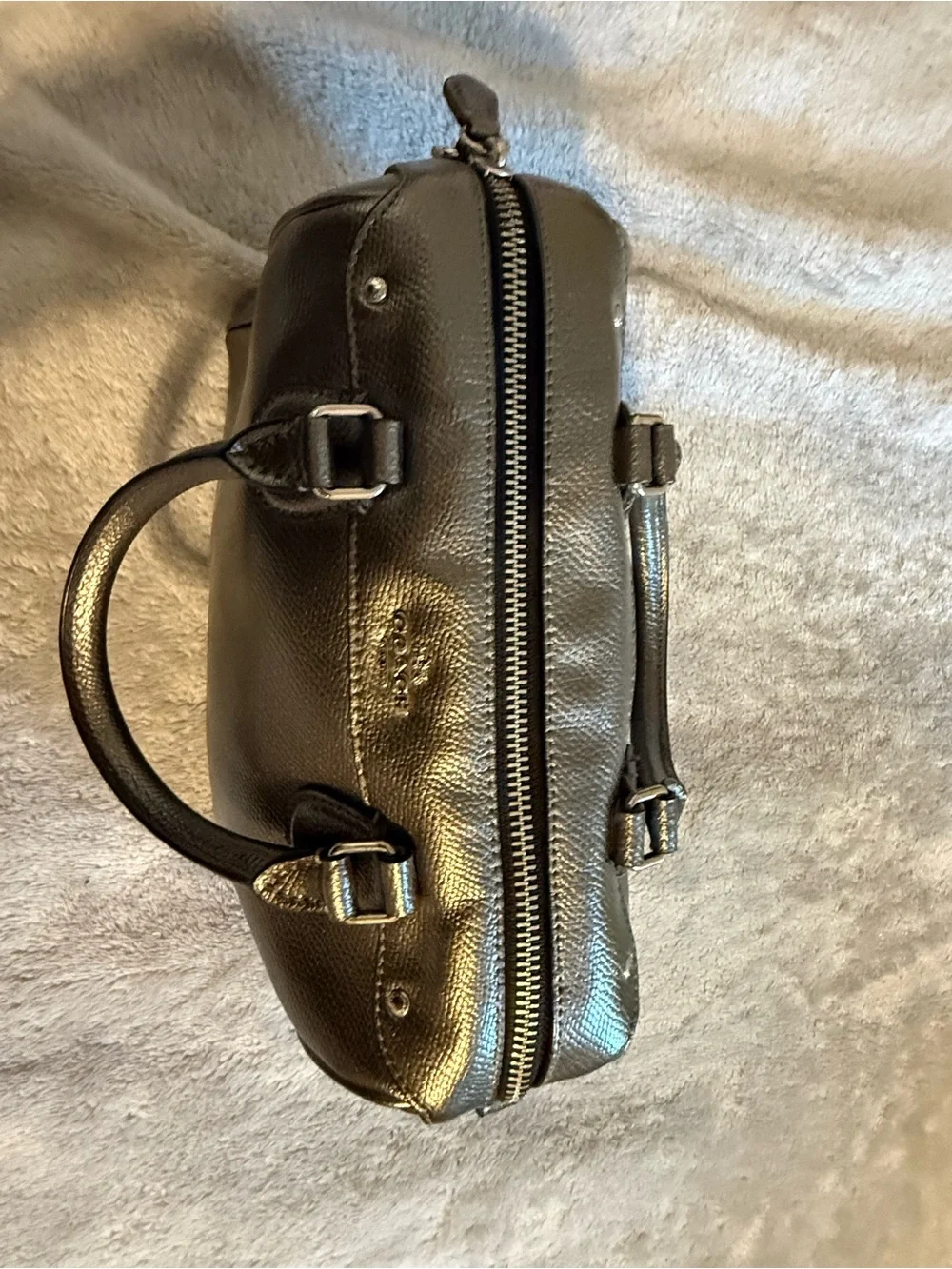 Coach Metallic Pewter Leather Satchel with Crossbody Strap